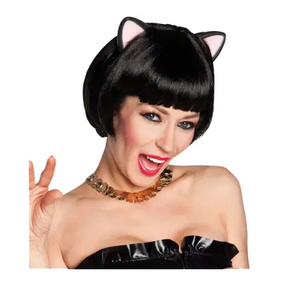 Svart Kort Peruk med Öron - One size